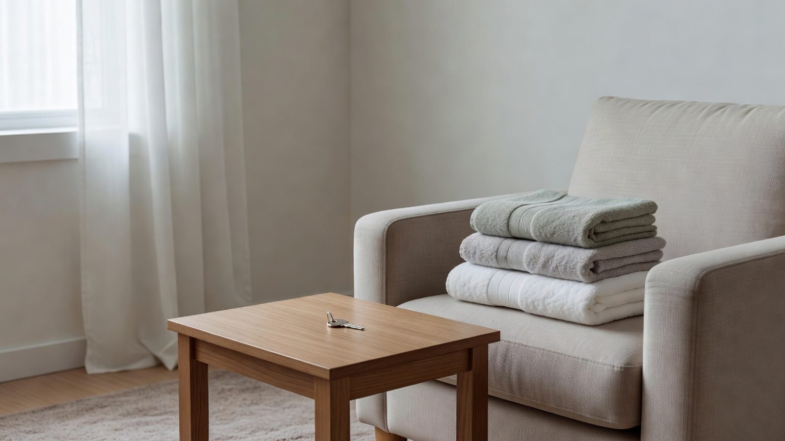 Tidy apartment living room with towels and a key on a table
