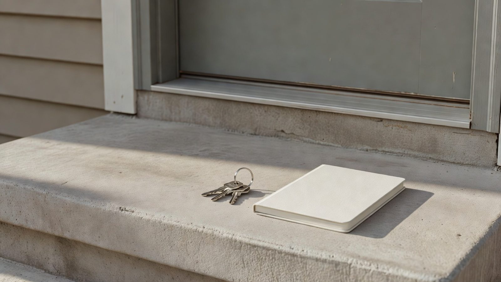 Rental house stoop with keys and a closed notebook