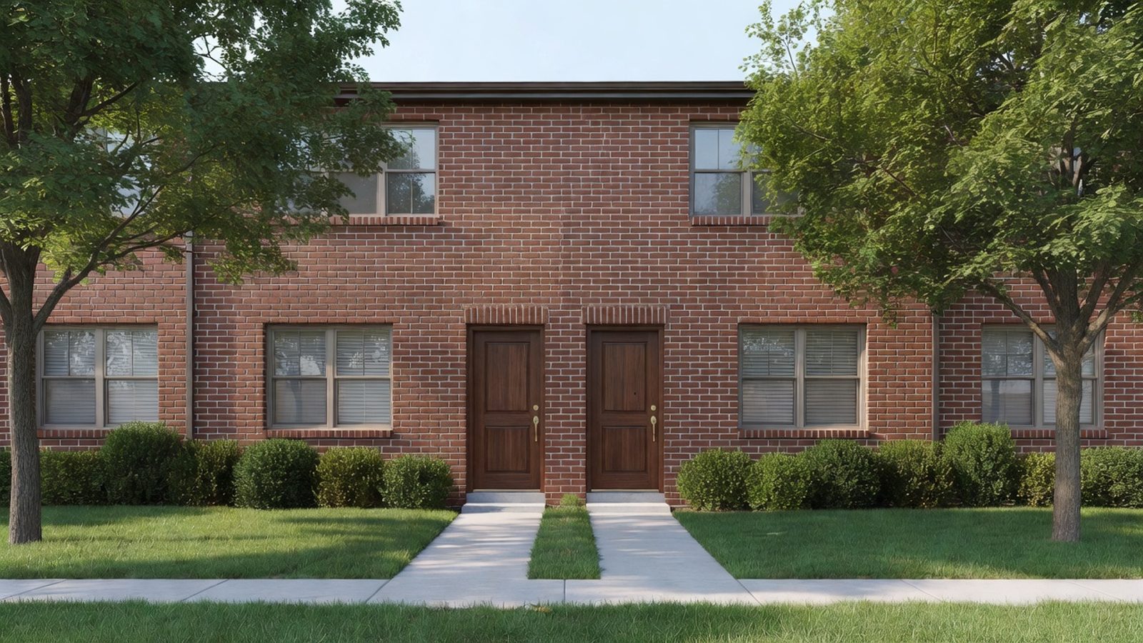 Two-unit brick duplex rental with matching front doors
