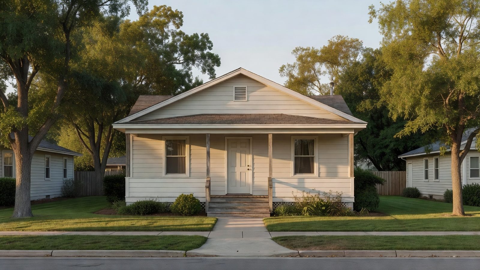Modest single-family rental house with a covered porch and mature trees