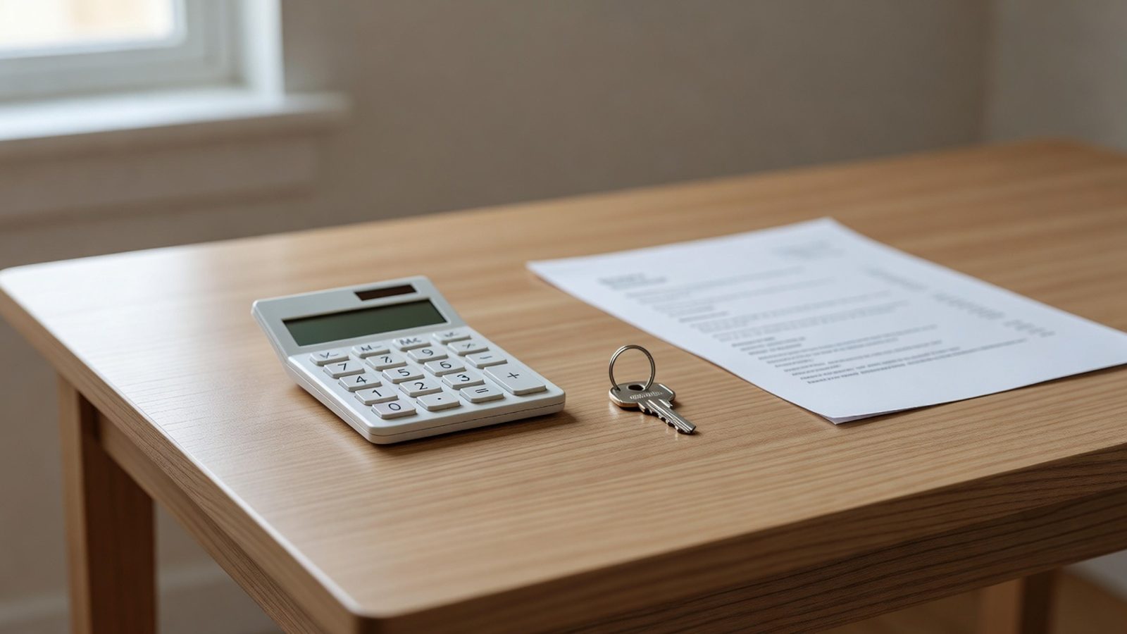 Desk with a calculator, house key, and a blurred loan statement