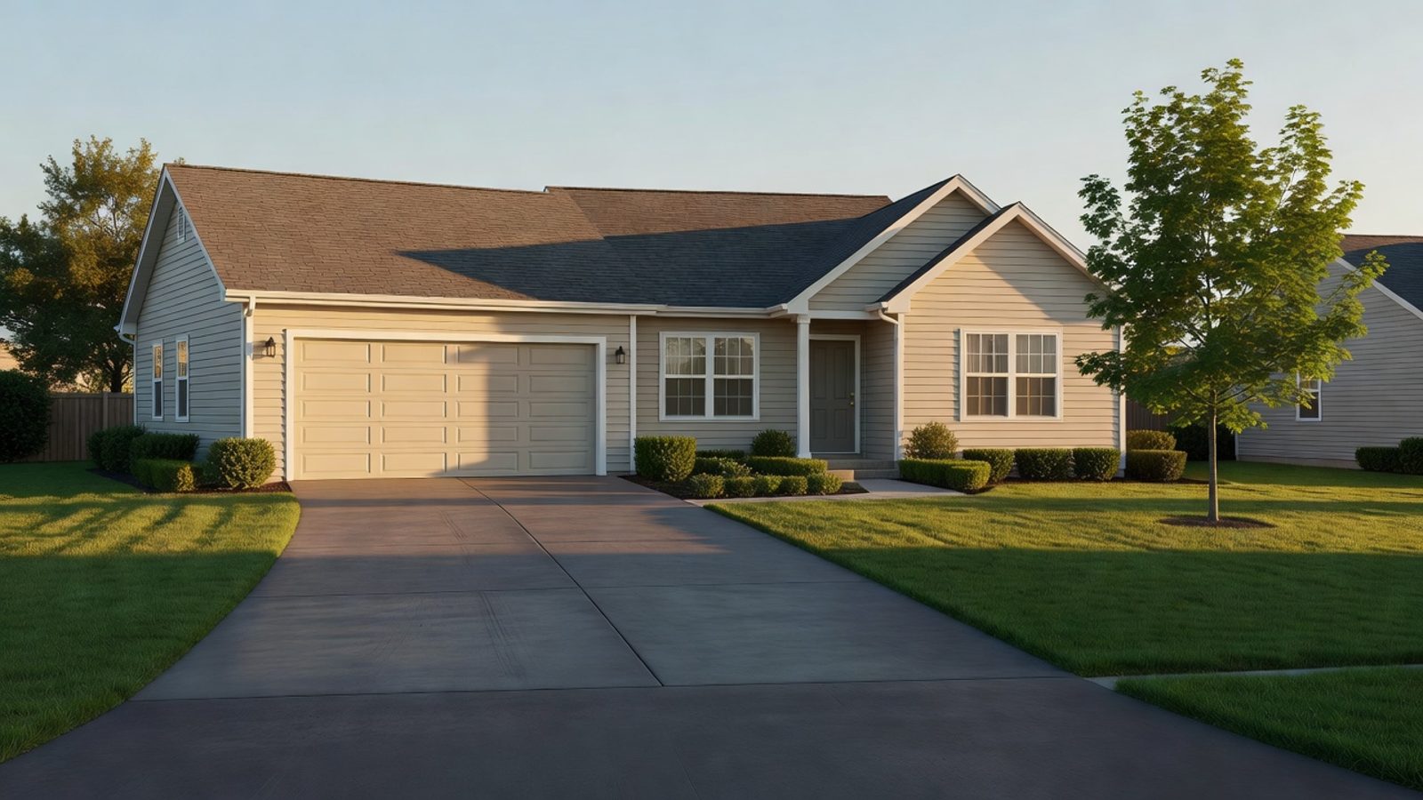 Single-family home with a driveway and front yard in late afternoon light