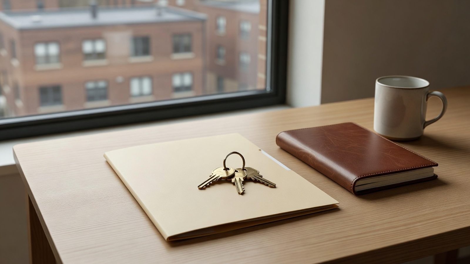 Landlord desk with keys on a folder, a notebook, and a mug by a window