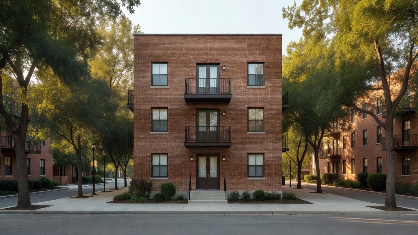 Small brick apartment building with balconies on a tree-lined street