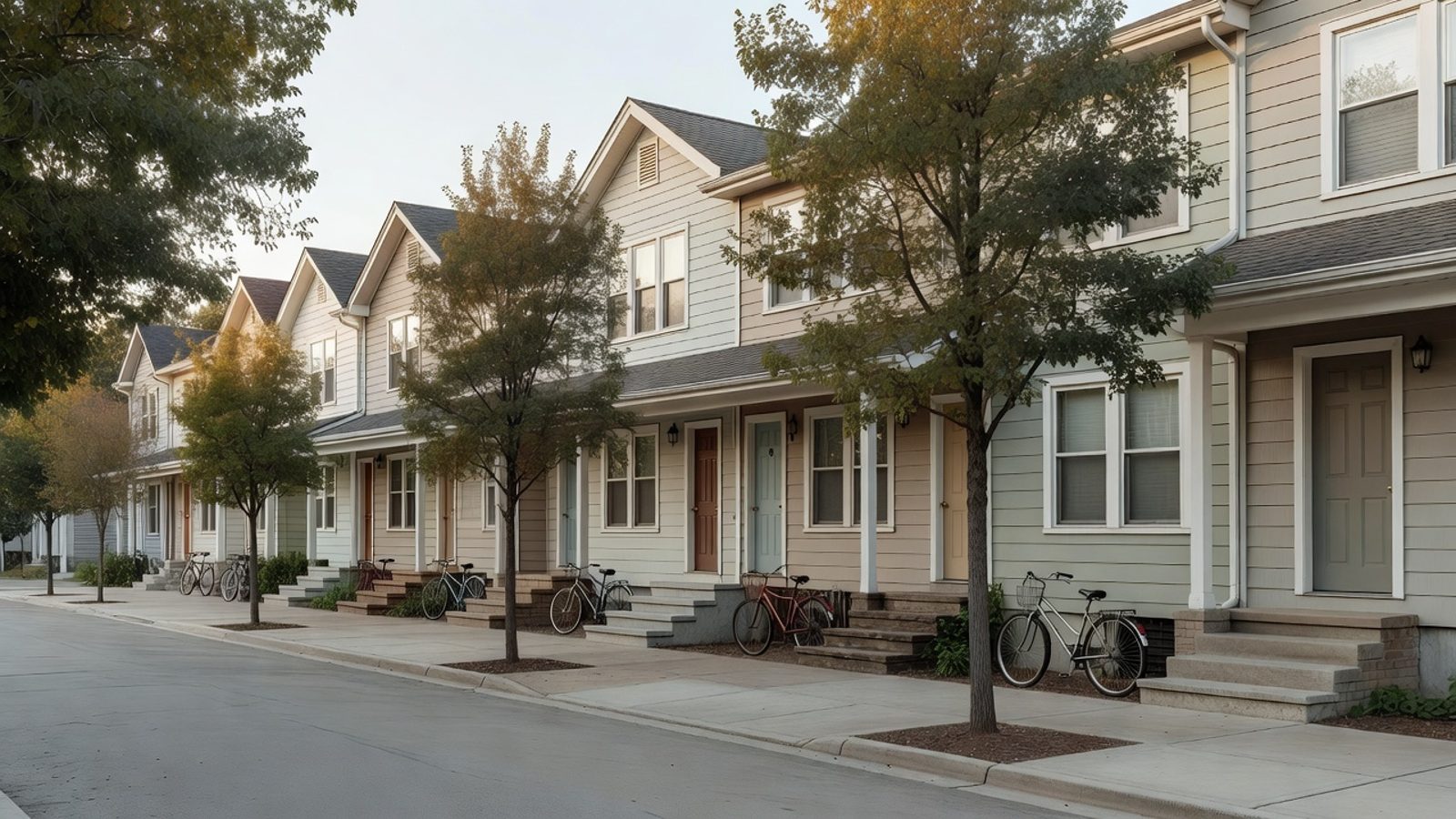 Row of small attached rental townhomes on a quiet street