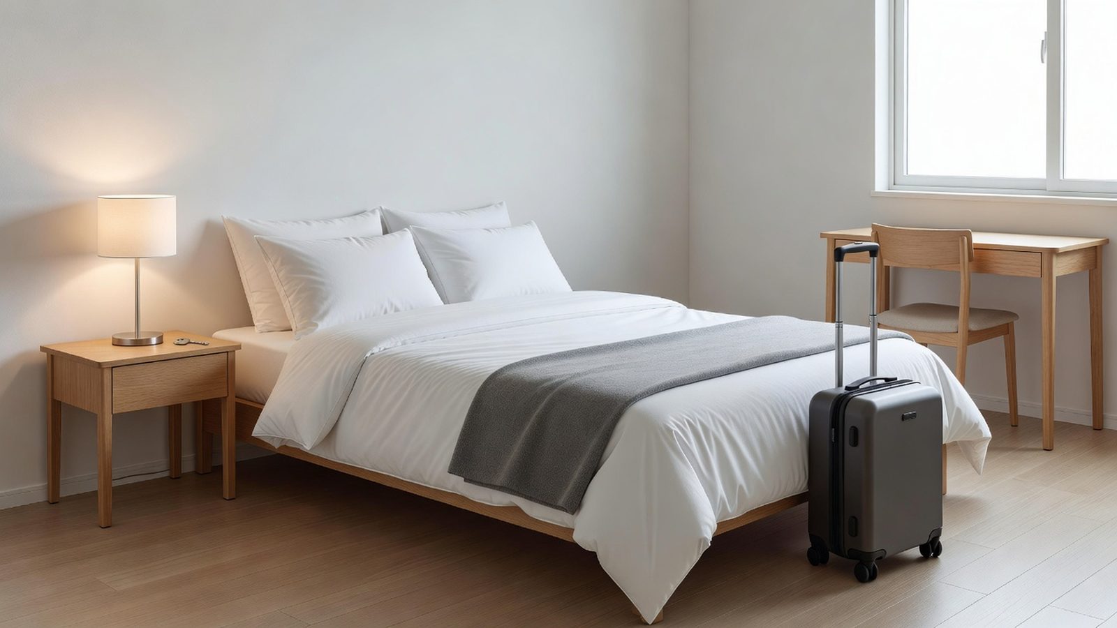 Furnished bedroom with a rolling suitcase