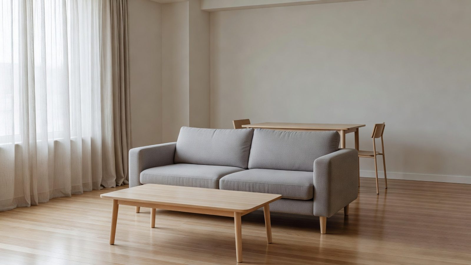 Furnished rental living room with a sofa and daylight