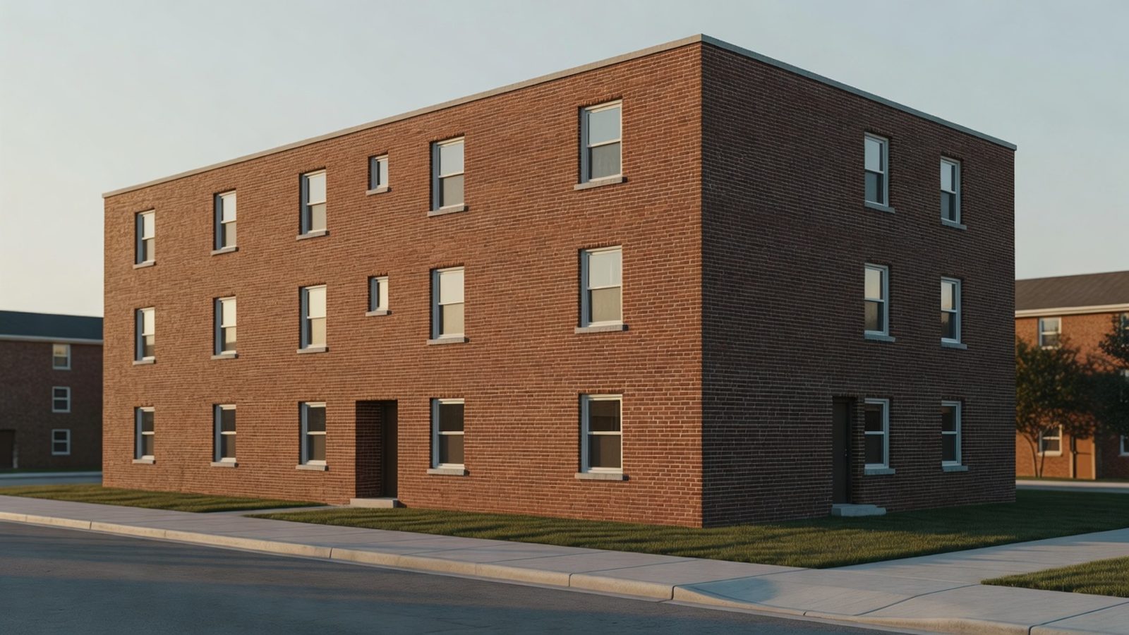 Small brick apartment building on a quiet sidewalk