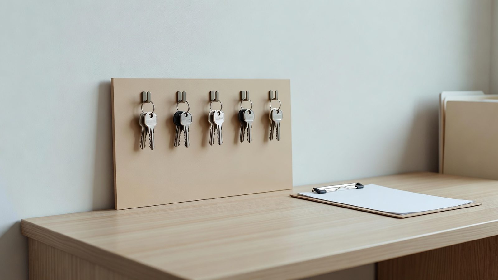 Apartment keys on a hook board next to a face-down clipboard