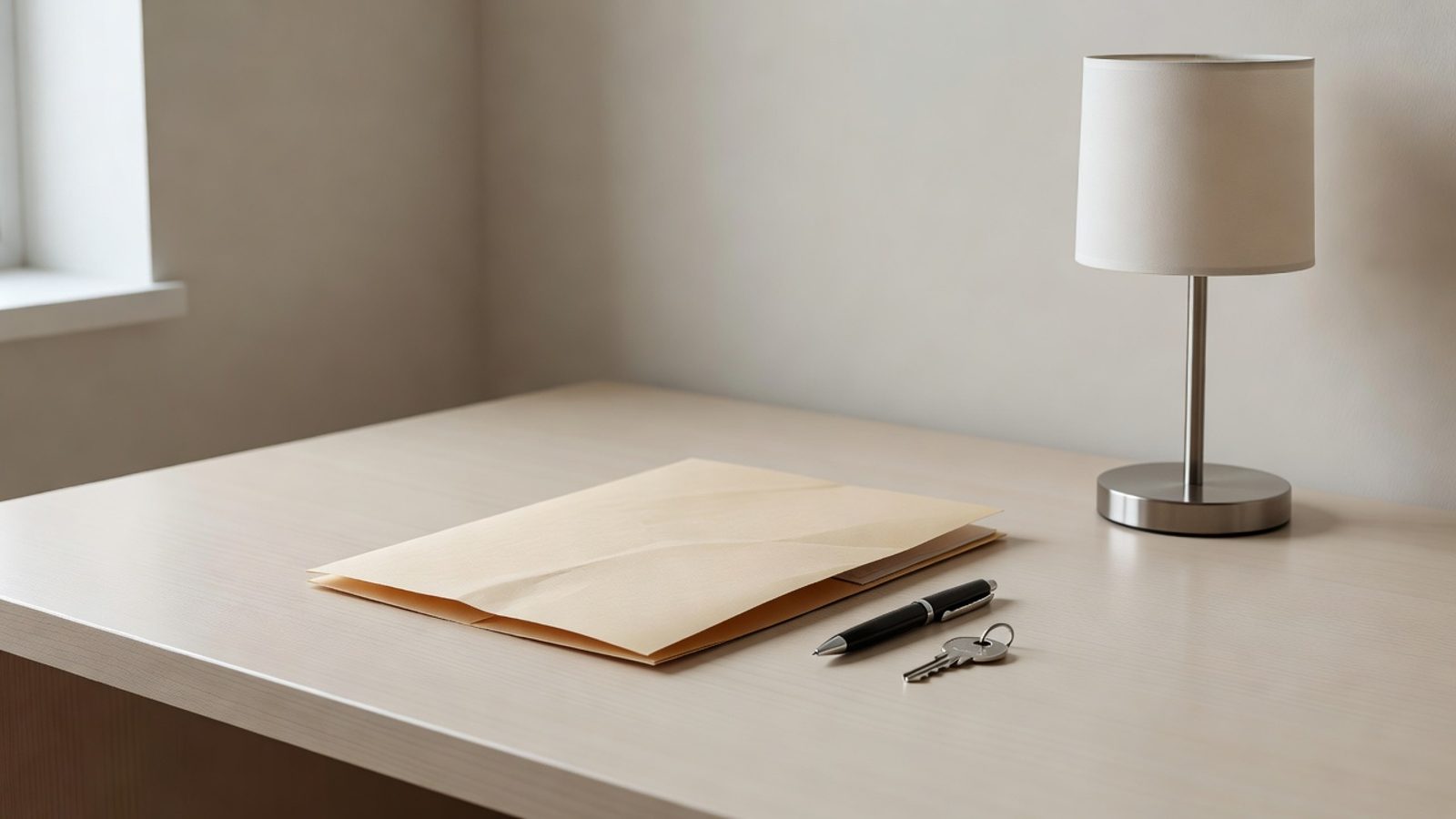 Closed application folder, pen, and house key on a desk
