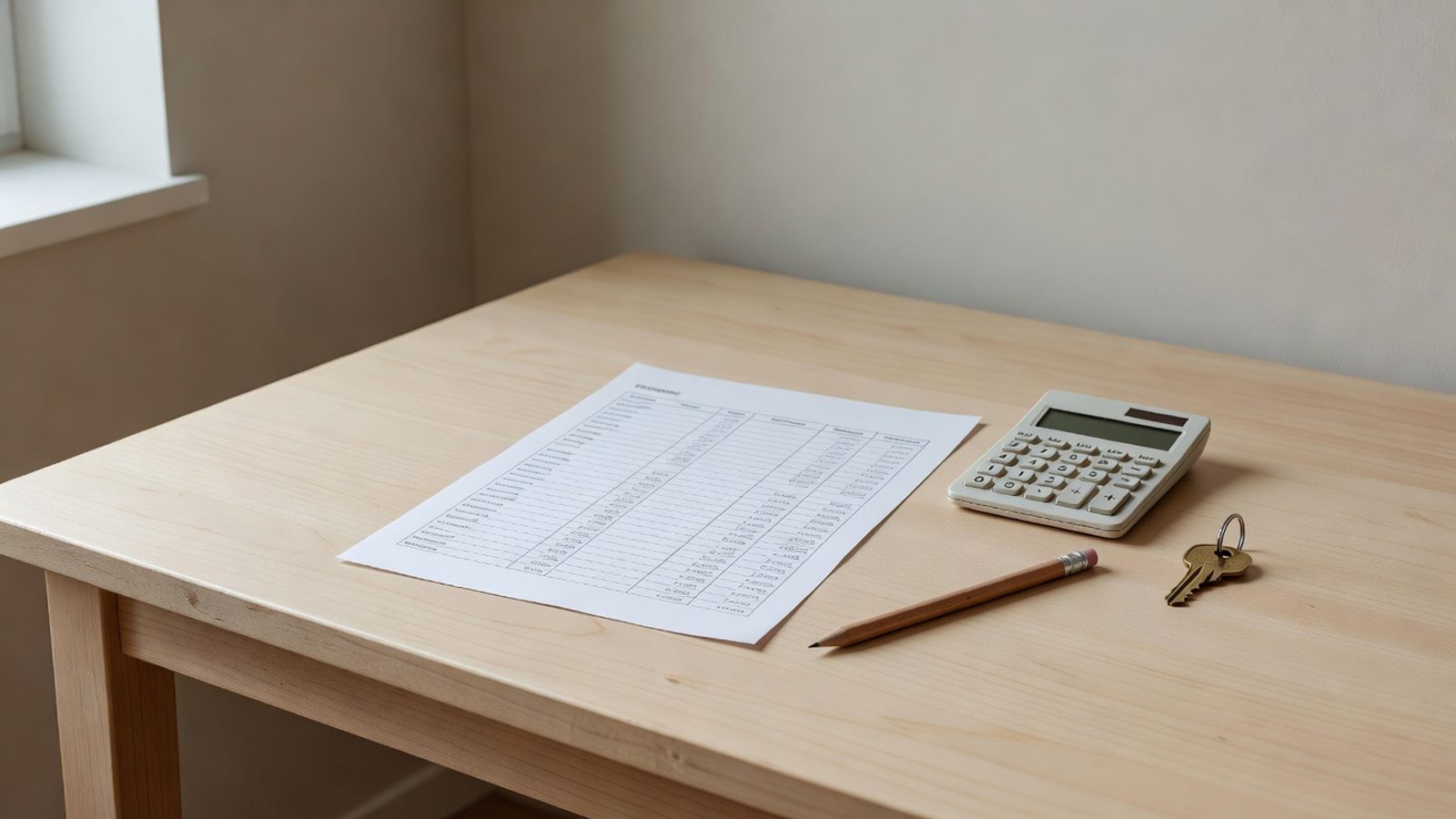 Desk with a calculator, a house key, and an expense worksheet