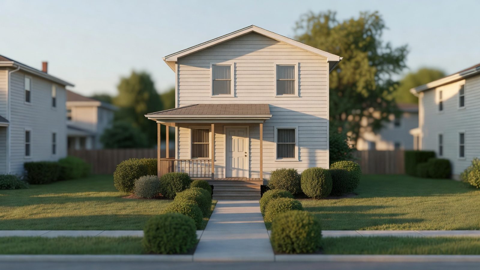 Small rental house on a quiet street in late afternoon light