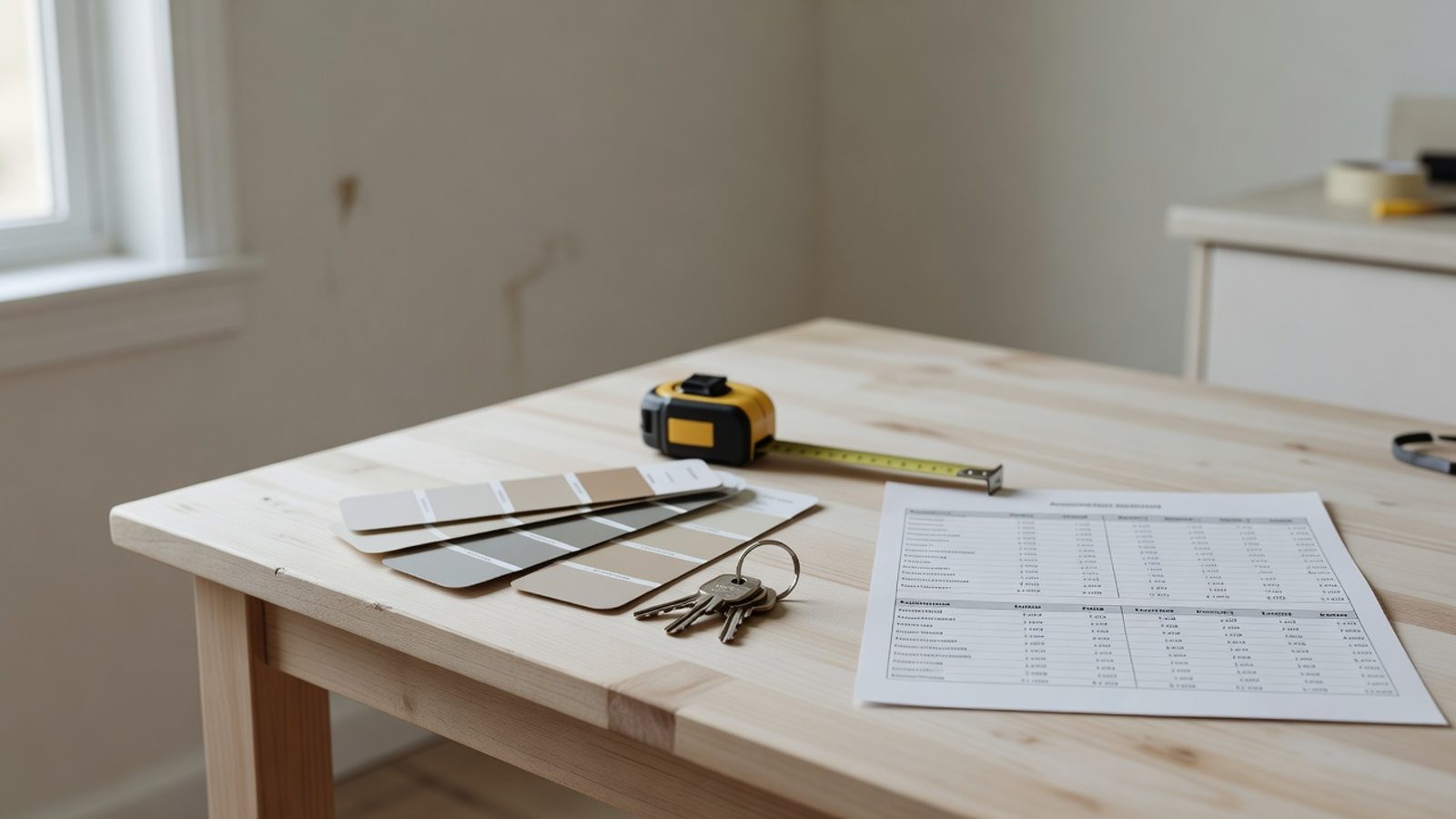 Remodel planning scene with keys, tape measure, and papers on a table