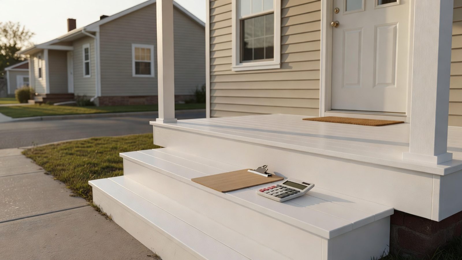 Small rental house with a clipboard and calculator on the front steps