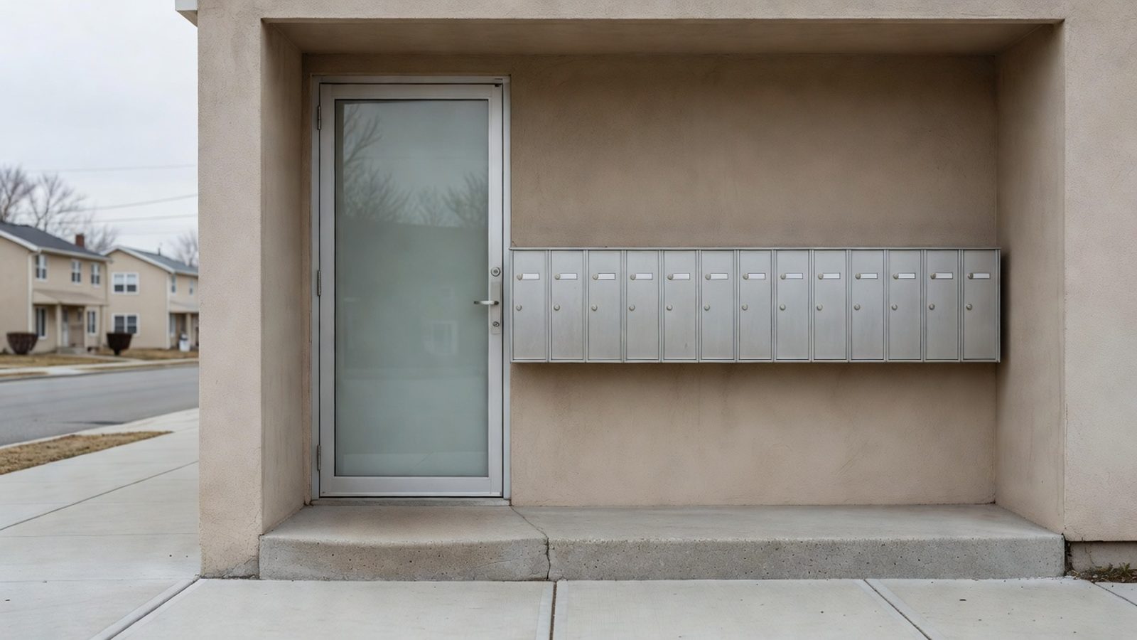 Small apartment building entrance with mailboxes and a glass door