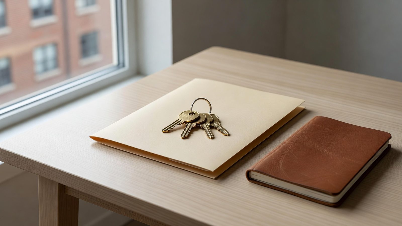 Three brass keys on a plain folder with a notebook